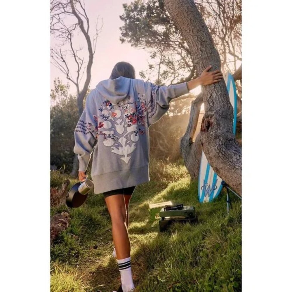 Free People Movement Size Large Gray At My Best Embroidered Hoodie